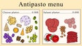 Antipasto menu design. Vector cartoon illustration.